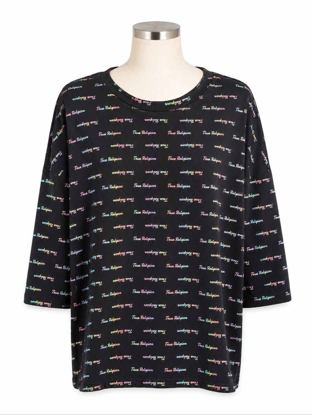 NWT True Religion Womens Monogram Print Long Sleeve Shirt Black Allover Logo S